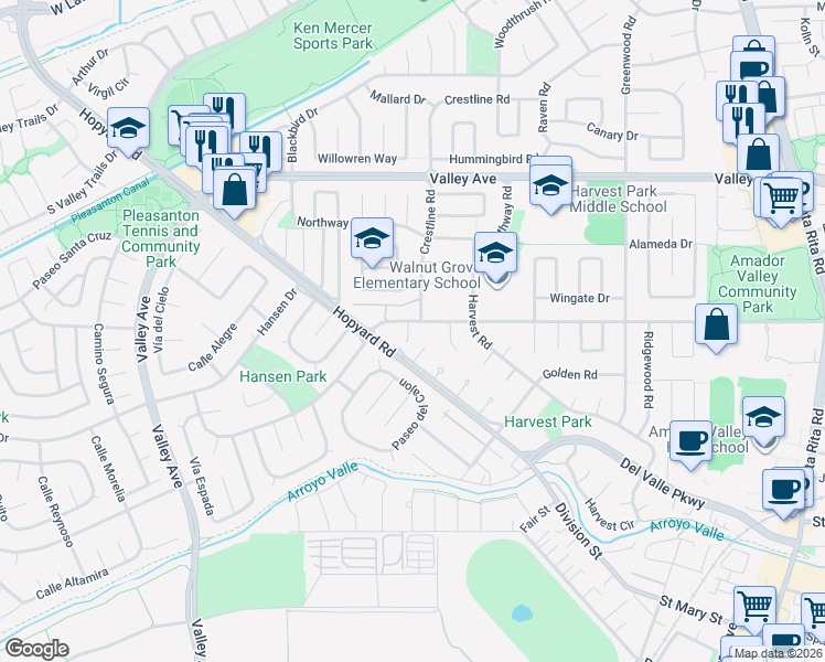 map of restaurants, bars, coffee shops, grocery stores, and more near 5404 Black Avenue in Pleasanton