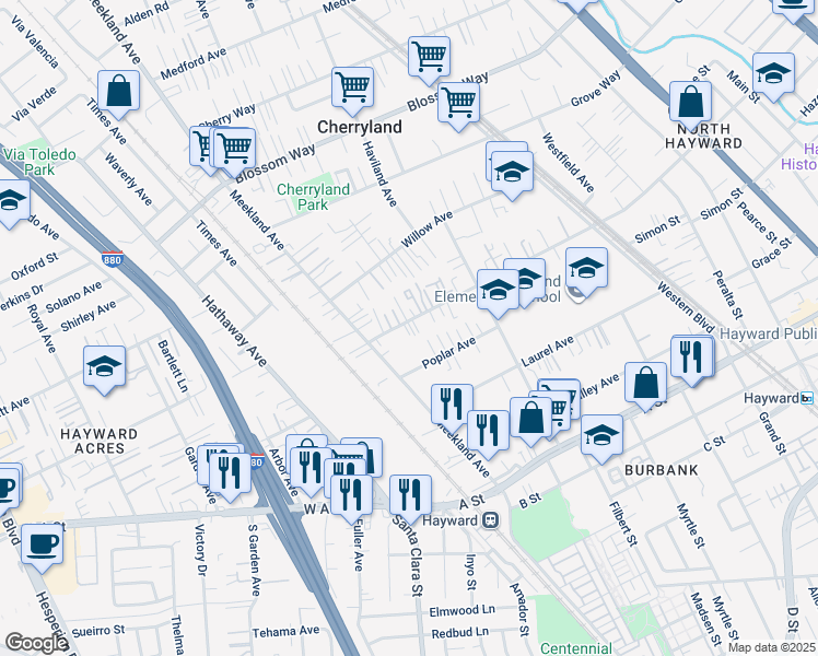 map of restaurants, bars, coffee shops, grocery stores, and more near 171 Sunset Boulevard in Hayward
