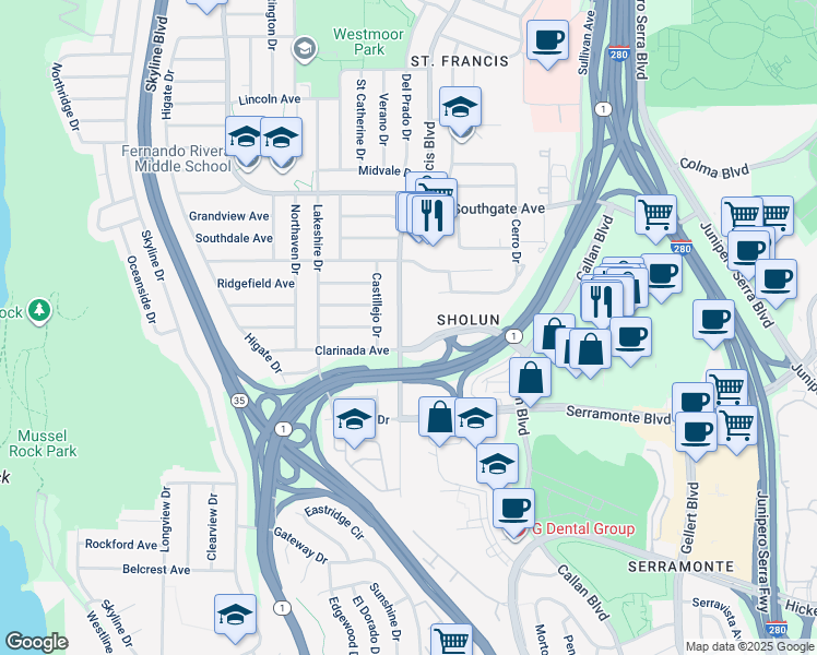 map of restaurants, bars, coffee shops, grocery stores, and more near 653 Saint Francis Boulevard in Daly City