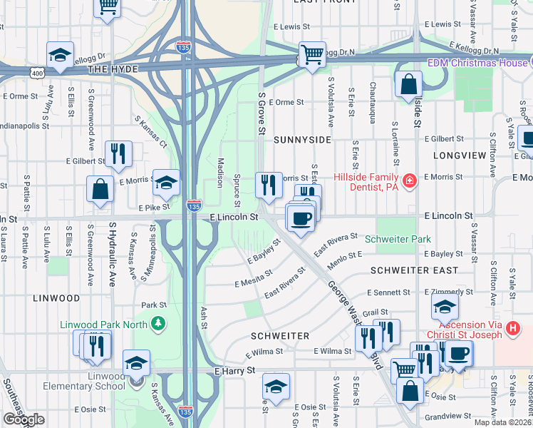 map of restaurants, bars, coffee shops, grocery stores, and more near 848 South Grove Street in Wichita