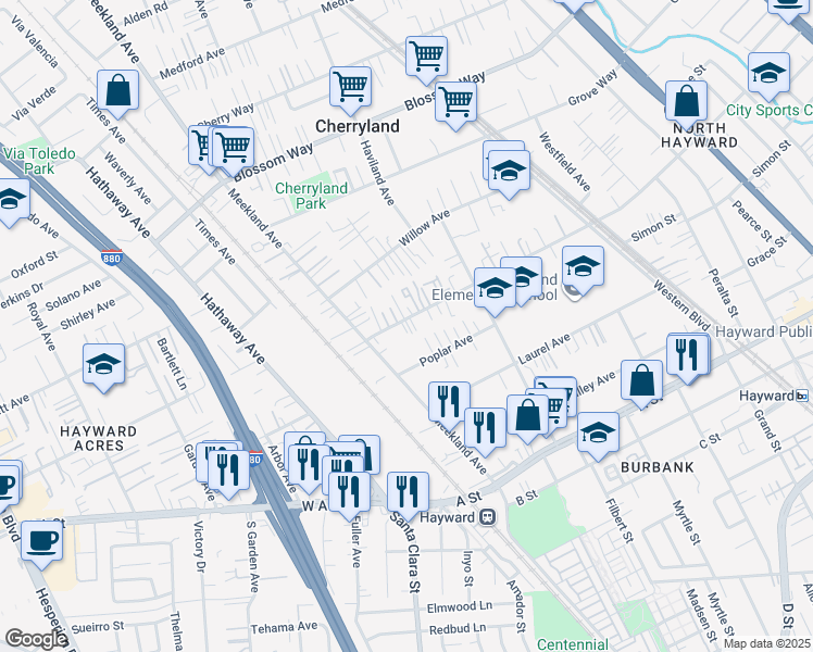 map of restaurants, bars, coffee shops, grocery stores, and more near 171 Sunset Boulevard in Hayward