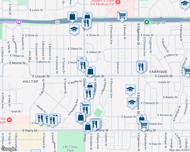 map of restaurants, bars, coffee shops, grocery stores, and more near 801-899 Elpyco Street in Wichita