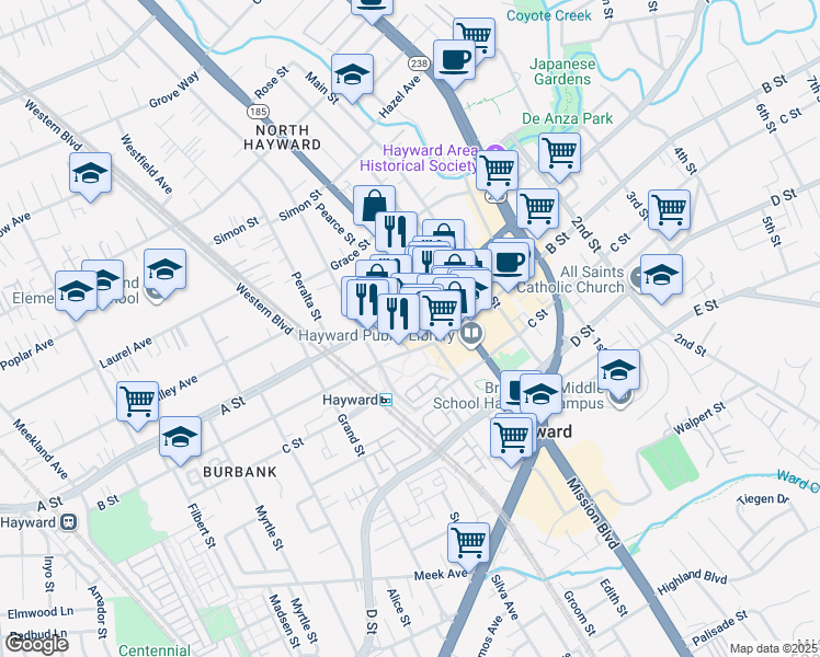 map of restaurants, bars, coffee shops, grocery stores, and more near 770 A Street in Hayward