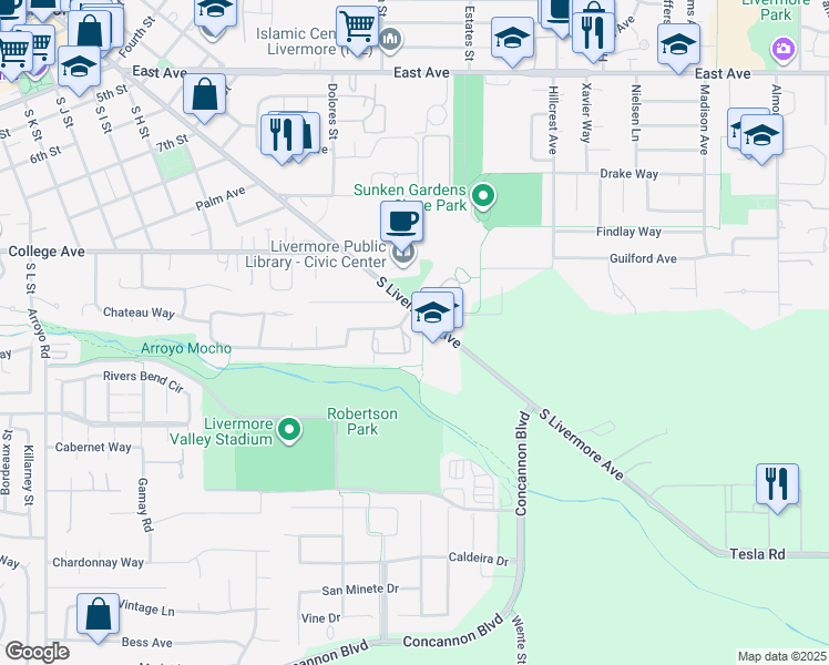 map of restaurants, bars, coffee shops, grocery stores, and more near 1473 Chateau Common in Livermore