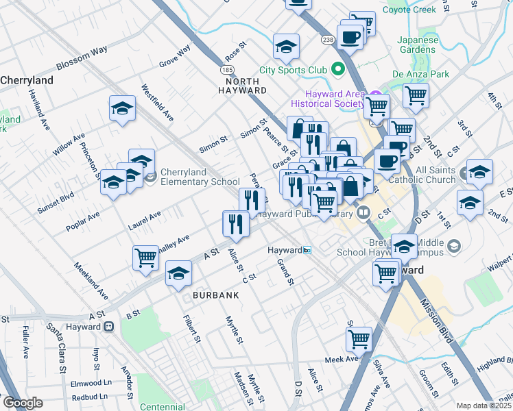 map of restaurants, bars, coffee shops, grocery stores, and more near 22368 Western Boulevard in Hayward