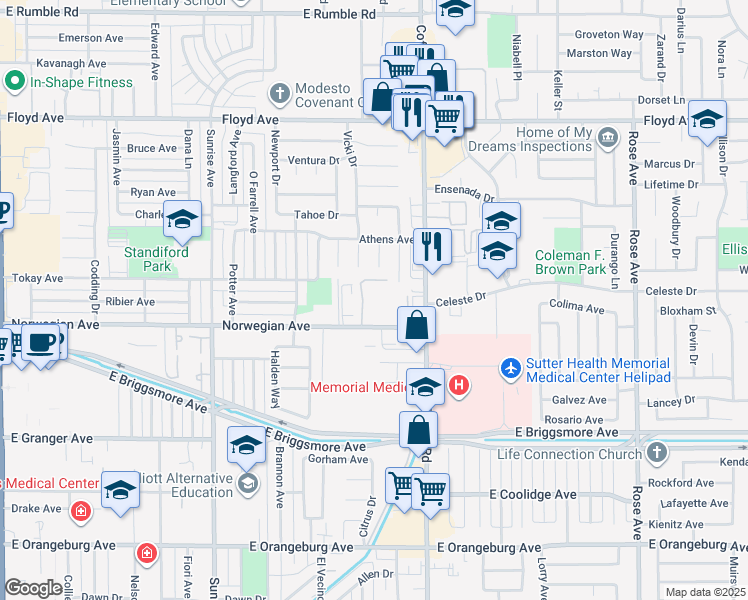 map of restaurants, bars, coffee shops, grocery stores, and more near 2001 La Veta Court in Modesto