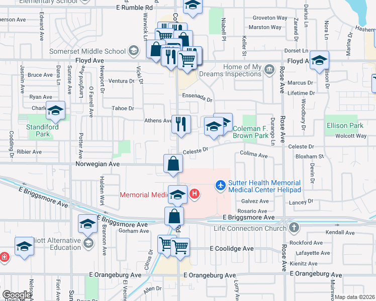 map of restaurants, bars, coffee shops, grocery stores, and more near in Modesto