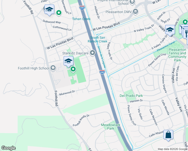 map of restaurants, bars, coffee shops, grocery stores, and more near 7328 Elmwood Circle in Pleasanton