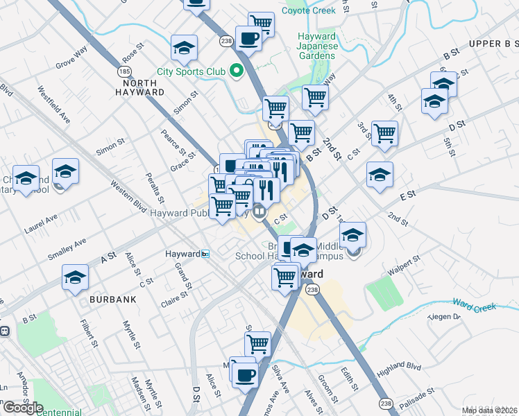 map of restaurants, bars, coffee shops, grocery stores, and more near 938a B Street in Hayward