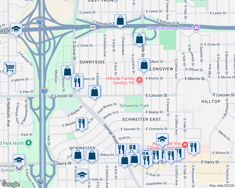 map of restaurants, bars, coffee shops, grocery stores, and more near 836 South Erie Street in Wichita