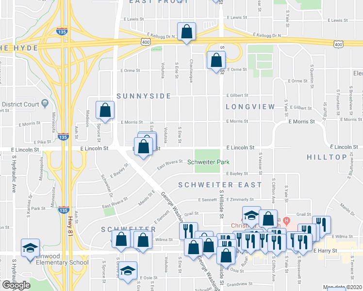 map of restaurants, bars, coffee shops, grocery stores, and more near 836 South Erie Street in Wichita