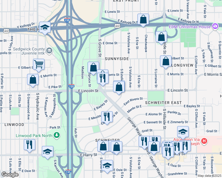 map of restaurants, bars, coffee shops, grocery stores, and more near 837 South Green Street in Wichita