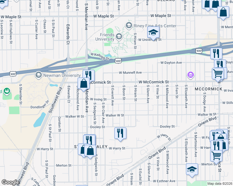 map of restaurants, bars, coffee shops, grocery stores, and more near 925 South Bonn Street in Wichita
