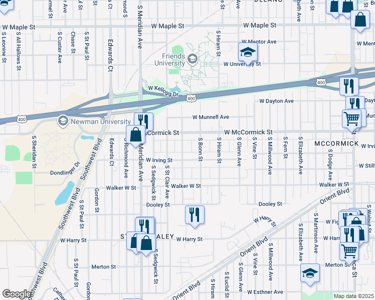 map of restaurants, bars, coffee shops, grocery stores, and more near 925 South Bonn Street in Wichita