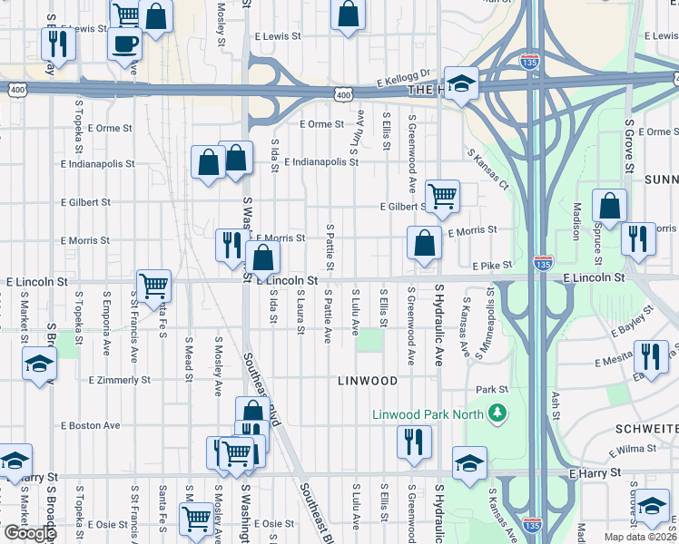 map of restaurants, bars, coffee shops, grocery stores, and more near 1119 South Lulu Avenue in Wichita
