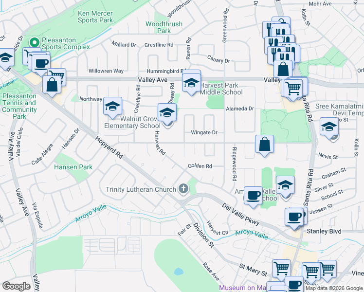 map of restaurants, bars, coffee shops, grocery stores, and more near 1778 Tanglewood Way in Pleasanton