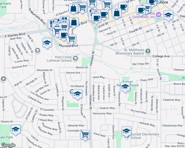 map of restaurants, bars, coffee shops, grocery stores, and more near 868 Holmes Street in Livermore