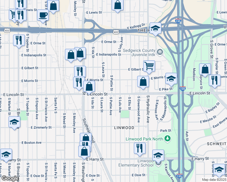 map of restaurants, bars, coffee shops, grocery stores, and more near 1144 South Pattie Street in Wichita