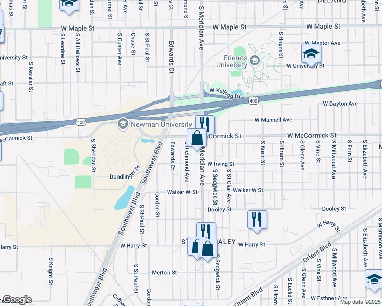 map of restaurants, bars, coffee shops, grocery stores, and more near 1017 Richmond South in Wichita