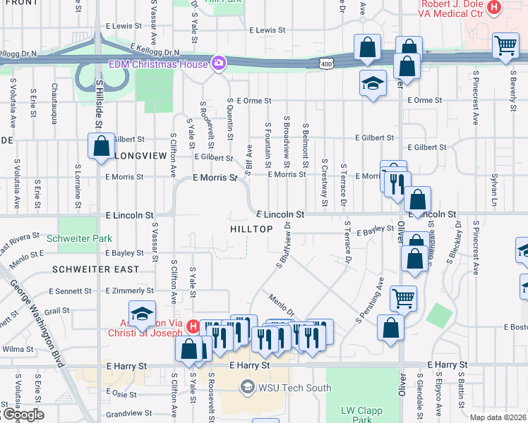 map of restaurants, bars, coffee shops, grocery stores, and more near 844 South Fountain Street in Wichita