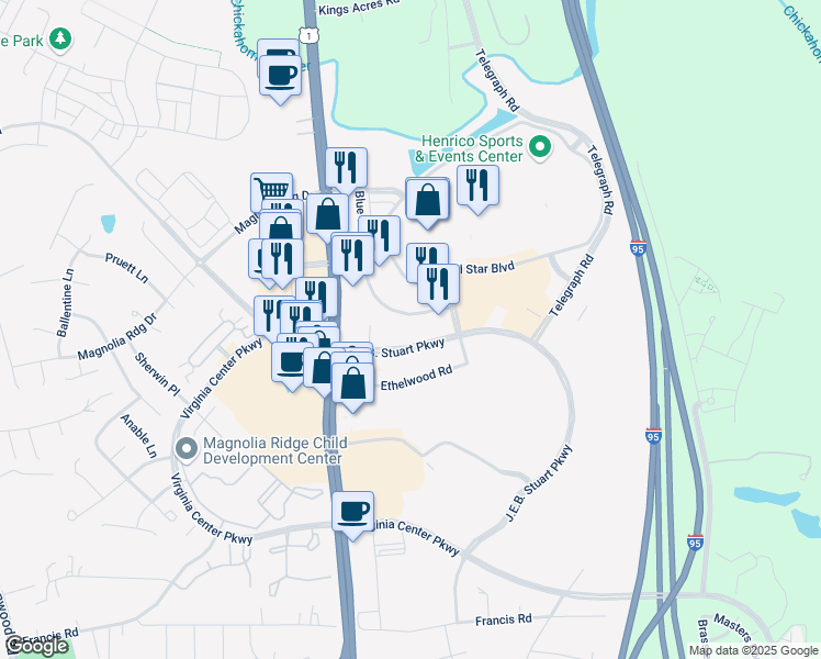 map of restaurants, bars, coffee shops, grocery stores, and more near 10077 Brook Road in Glen Allen