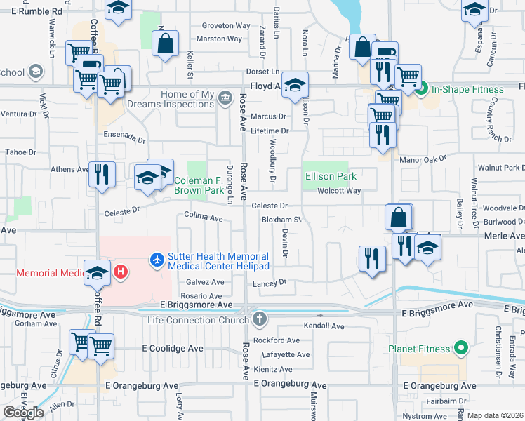 map of restaurants, bars, coffee shops, grocery stores, and more near 1924 Serena Avenue in Modesto