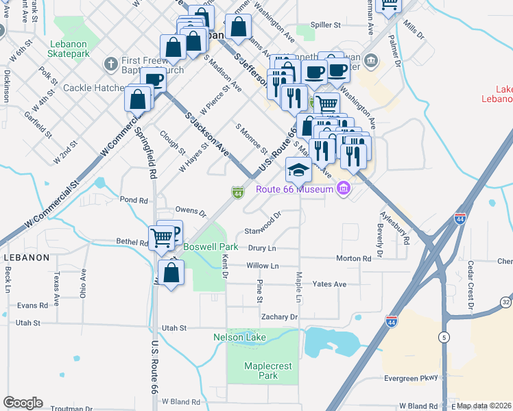 map of restaurants, bars, coffee shops, grocery stores, and more near 28 Greenwood Drive in Lebanon