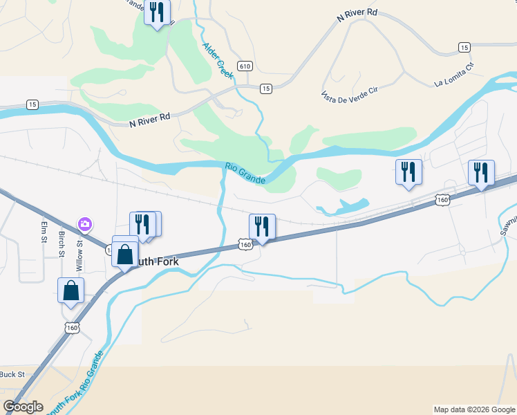 map of restaurants, bars, coffee shops, grocery stores, and more near 163 West Riverside Court in South Fork