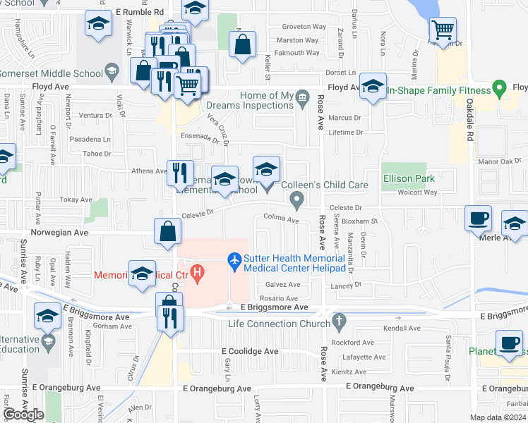 map of restaurants, bars, coffee shops, grocery stores, and more near 1925 Cota Way in Modesto