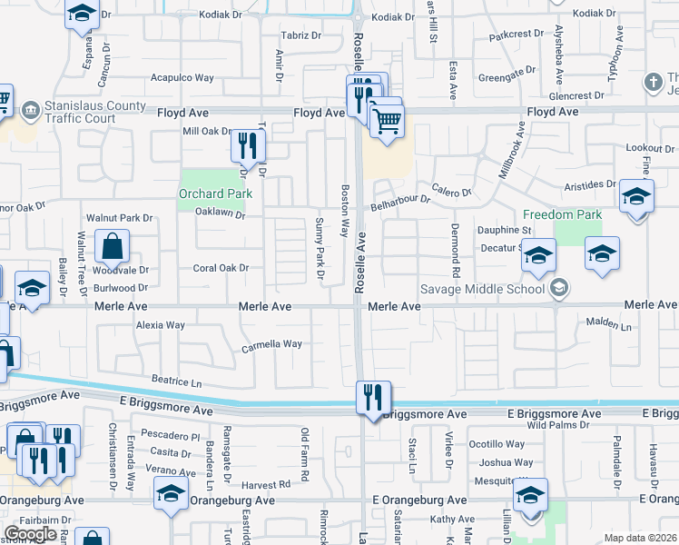map of restaurants, bars, coffee shops, grocery stores, and more near 2001 Boston Way in Modesto