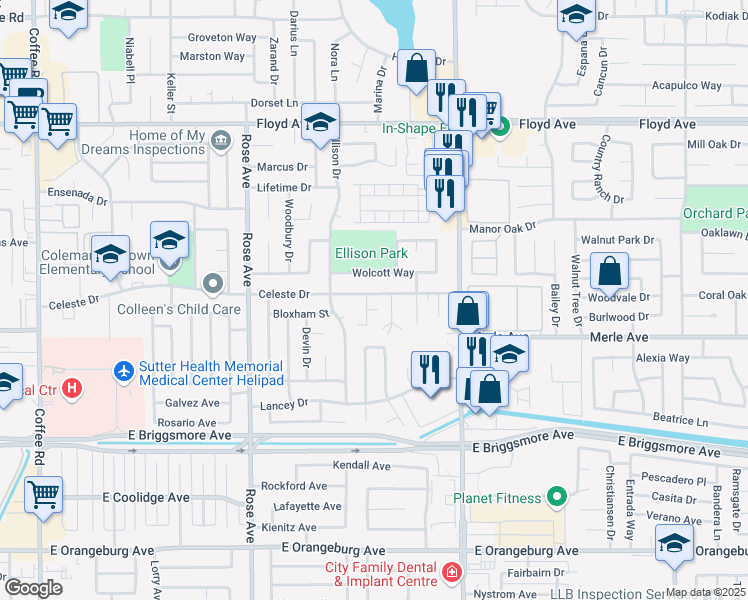 map of restaurants, bars, coffee shops, grocery stores, and more near 1924 Celeste Court in Modesto