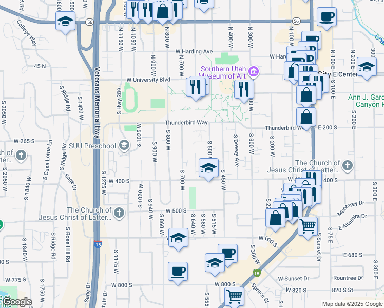 map of restaurants, bars, coffee shops, grocery stores, and more near 309 South 600 West in Cedar City