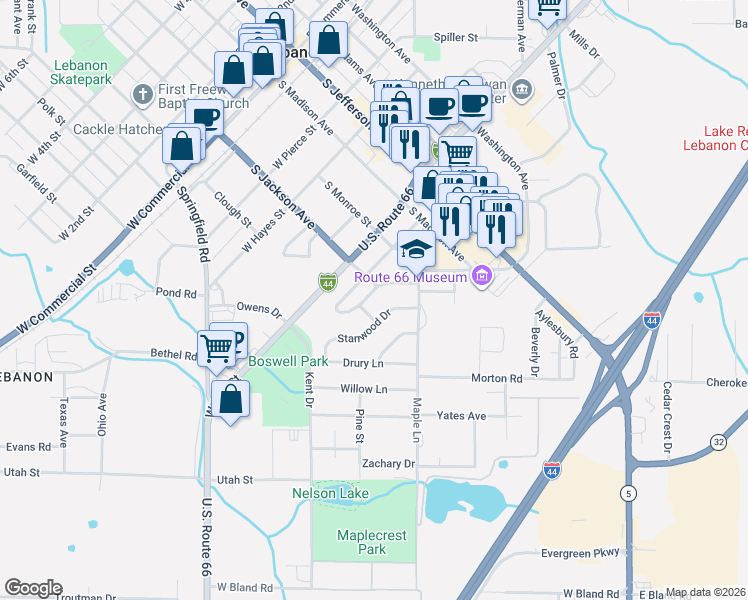map of restaurants, bars, coffee shops, grocery stores, and more near 28 Greenwood Drive in Lebanon