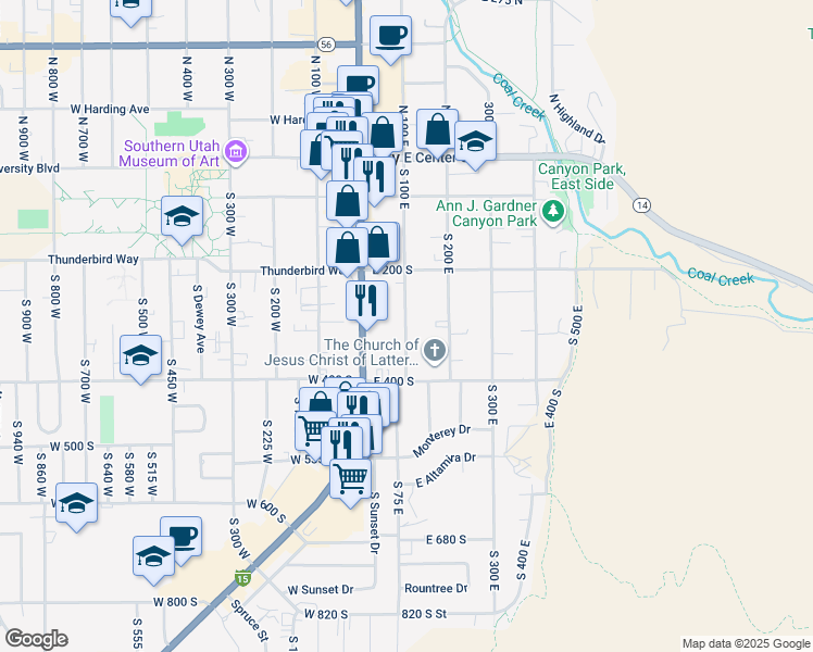 map of restaurants, bars, coffee shops, grocery stores, and more near 274 South 100 East in Cedar City