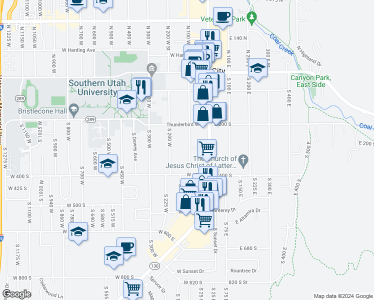 map of restaurants, bars, coffee shops, grocery stores, and more near 274 South 100 East in Cedar City