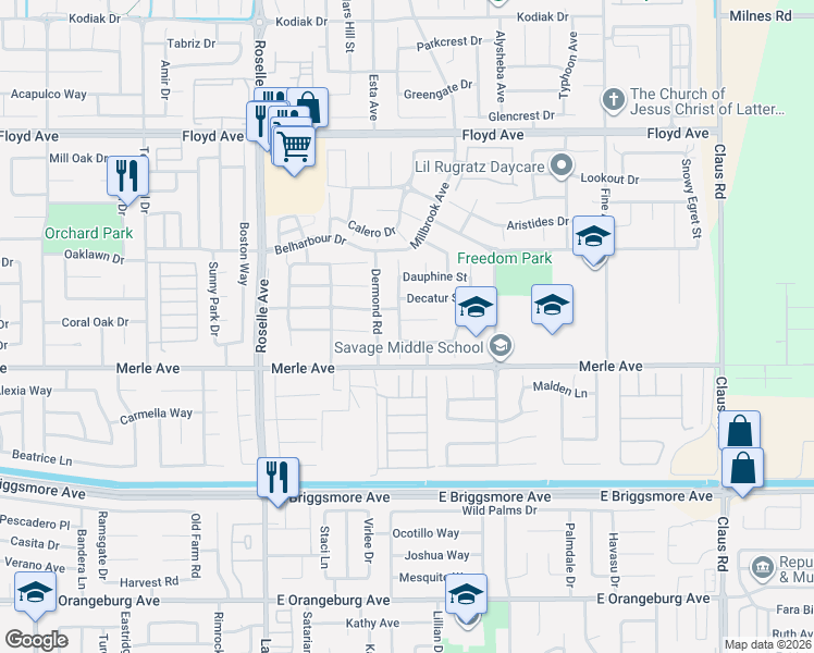 map of restaurants, bars, coffee shops, grocery stores, and more near 3204 Flushing Meadows Drive in Modesto