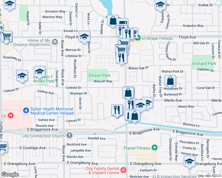 map of restaurants, bars, coffee shops, grocery stores, and more near 2055 Celeste Drive in Modesto