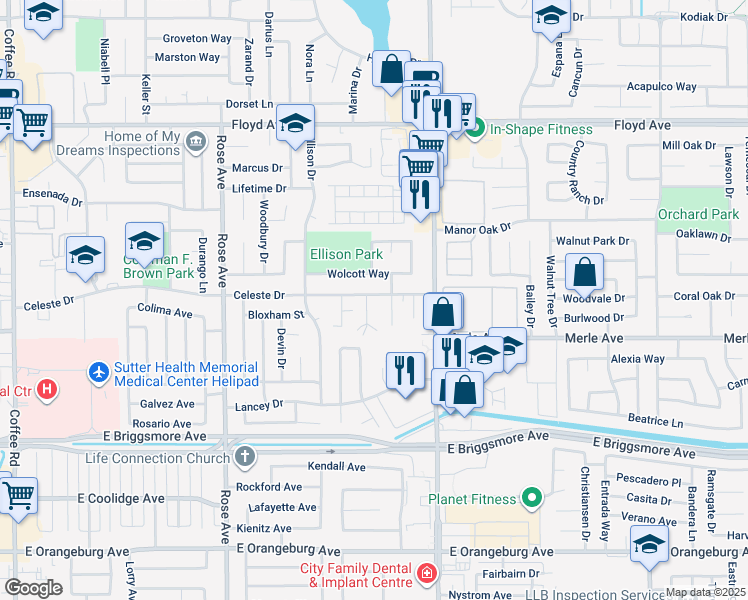 map of restaurants, bars, coffee shops, grocery stores, and more near 2055 Celeste Drive in Modesto