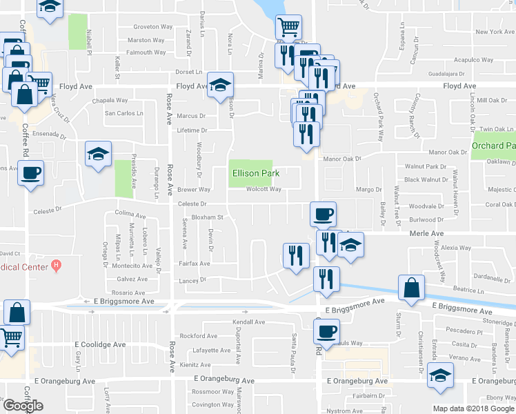 map of restaurants, bars, coffee shops, grocery stores, and more near 2031 Celeste Drive in Modesto