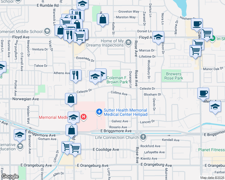 map of restaurants, bars, coffee shops, grocery stores, and more near 1512 Celeste Drive in Modesto