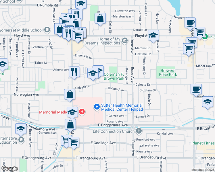 map of restaurants, bars, coffee shops, grocery stores, and more near 1512 Celeste Drive in Modesto