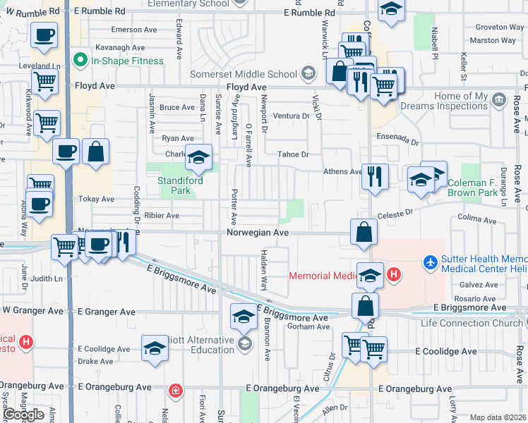 map of restaurants, bars, coffee shops, grocery stores, and more near 904 Tokay Avenue in Modesto
