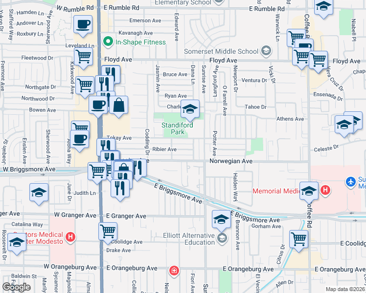 map of restaurants, bars, coffee shops, grocery stores, and more near 508 Tokay Avenue in Modesto