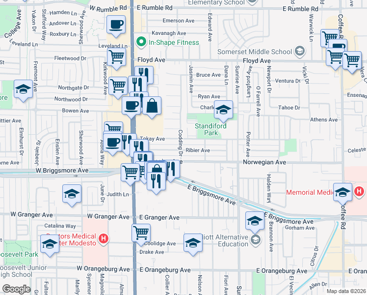 map of restaurants, bars, coffee shops, grocery stores, and more near 216 Tokay Avenue in Modesto