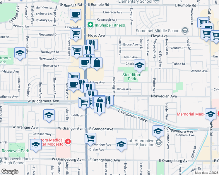 map of restaurants, bars, coffee shops, grocery stores, and more near 216 Tokay Avenue in Modesto