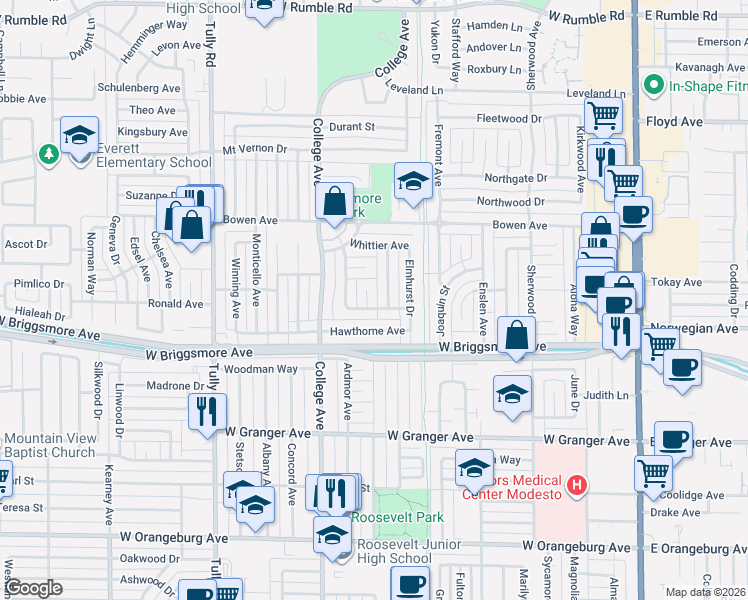 map of restaurants, bars, coffee shops, grocery stores, and more near 1913 Somerset Drive in Modesto