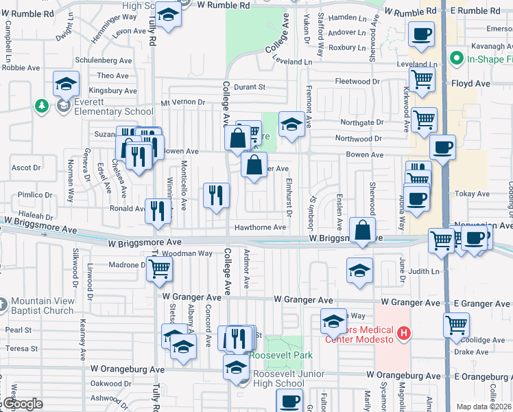 map of restaurants, bars, coffee shops, grocery stores, and more near 1012 Sansome Court in Modesto