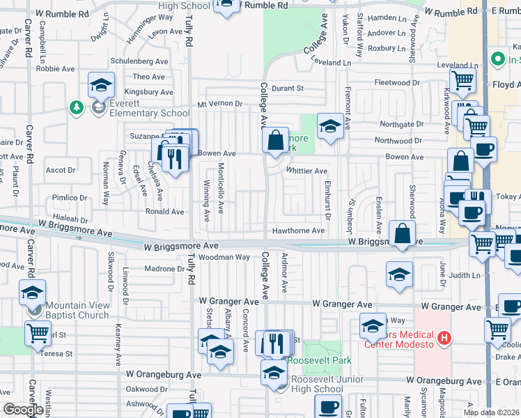 map of restaurants, bars, coffee shops, grocery stores, and more near 1913 College Avenue in Modesto