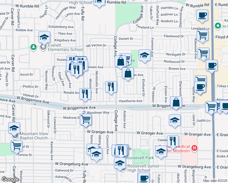 map of restaurants, bars, coffee shops, grocery stores, and more near 1913 College Avenue in Modesto