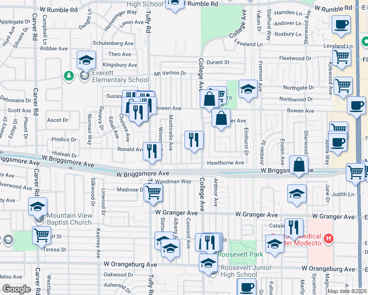 map of restaurants, bars, coffee shops, grocery stores, and more near 1914 Monte Verde Avenue in Modesto